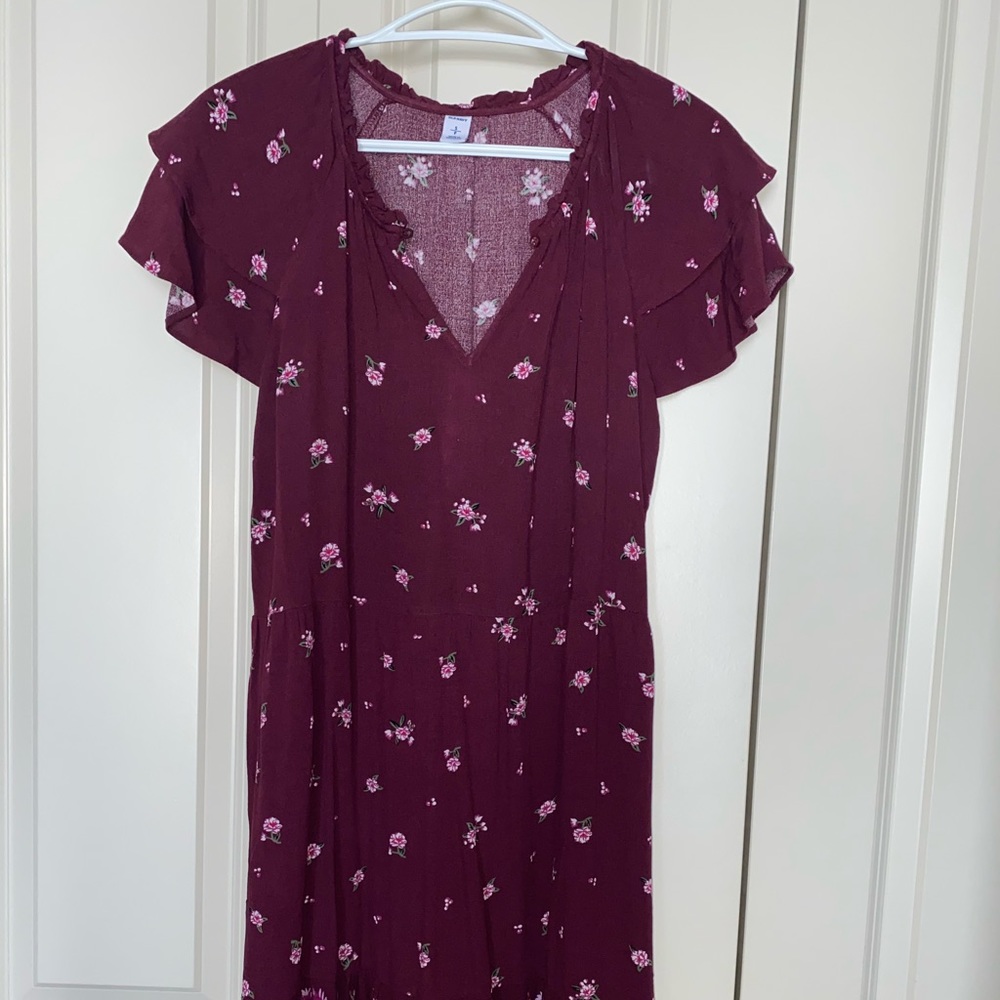 Burgundy flutter sleeve floral midi dress